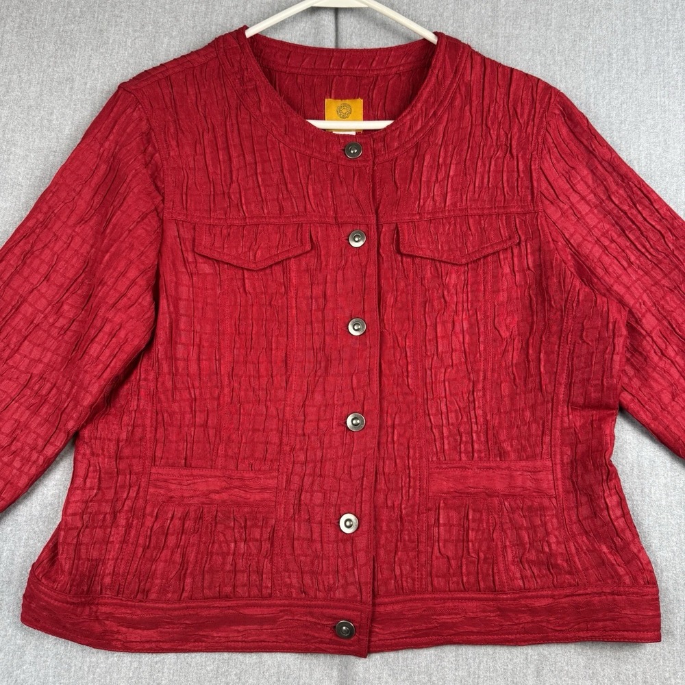 Ruby Rd.‎ Red Textured Pleated Button Front Blazer Jacket Size 14 Pocket Front